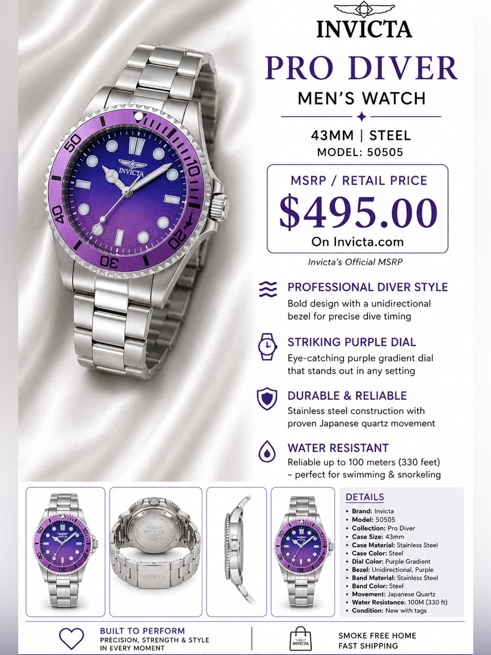(NIB) Invicta Men’s Watch — Purple Gradient Dial with Silver Steel Bracelet